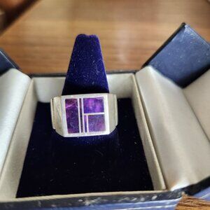 Vintage Navajo Sterling Silver Ring With Purple Inlay Design Size 11 Classic Nat